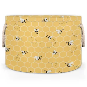 FengQuGou Cute Yellow Bee Large Storage Basket Honeycomb Bee Round Laundry Basket with Handle Organization Collapsible Storage Bins Box Hamper for Ki