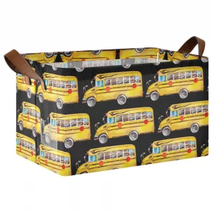 Ollabaky Collapsible Rectangular Closet Storage Bin Yellow School Bus Shelf Basket Box with Leather Handles - Storage Cube, Nursery Storage, Laundry 