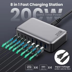 USB C Charger 200W USB C Charger Block,Upgraded GaN III 8-Port Fast Charging Station Hub,PD 65W Laptop Charging Adapter Compatible with MacBook Pro/A