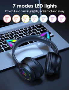 ONITOON Cat Ear Bluetooth Headphones for Kids & Adults, 55H Play Time, Wireless Foldable & Wired Multi-Function LED Light Up Over Ear Headphones with
