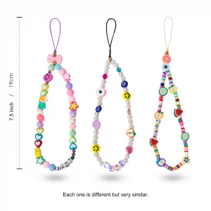 Ninelimi 3 Pieces Smile Face Beaded Phone Lanyard Wrist Strap Fruit Star Letter Pearl Handmade Rainbow Polymer Clay Acrylic Beads Pearl Bracelet Keyc