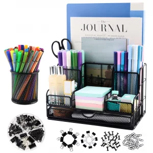BCCICE Desk Organizers Caddy and Accessories with 7 Compartments + Pen Holder / 72 Clips Set, Drawer, Black Mesh Office Supplies Desktop Organizer fo