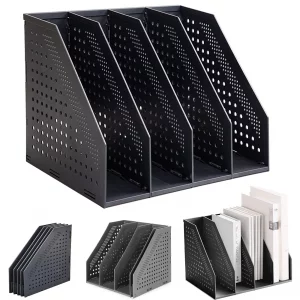 Lemical Magazine Holder 4 Vertical Compartments Collapsible Magazine File Holder Space Saving Rack Home Kitchen Desk Organizer No Need Assemble (Blac