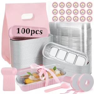 OcePor 100 Pack Mini Loaf Pans With Lids?Mini Cake Pans With Lids and Spoons?6.8oz Bread Loaf Pans Disposable?Small Aluminum Cake Tins,Baking Pans In