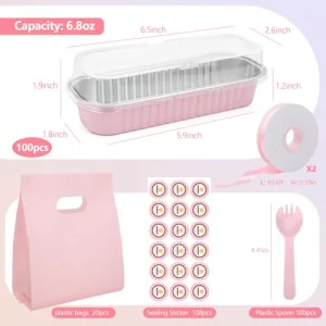 OcePor 100 Pack Mini Loaf Pans With Lids?Mini Cake Pans With Lids and Spoons?6.8oz Bread Loaf Pans Disposable?Small Aluminum Cake Tins,Baking Pans In