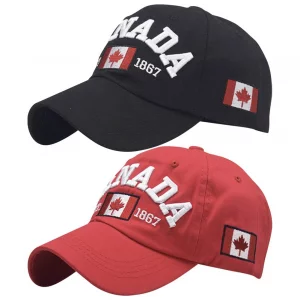 BAOZOON 2 Pcs Baseball Caps Embroidered Maple Leaf Hat Adjustable Canada Flag Golf Hat for Men Women (Black+Red)
