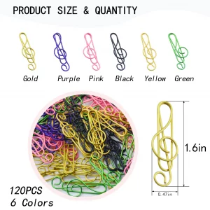 YOUDEFUL 120 Pcs Music Paperclips, Cute Metal Paper Clips in 6 Colors, Musical Notes Shaped Bookmark Clips, Musical Notes Clips Music Office Accessor