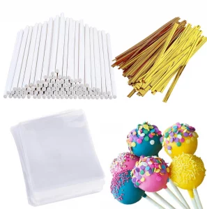 300Pcs Cake Pop Sticks & Wrappers, Including 6-inch Lollipop Sticks, Parcel Bags, Gold Twist Ties for Candies, Chocolates & Cookies