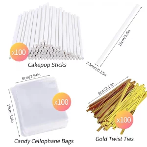 300Pcs Cake Pop Sticks & Wrappers, Including 6-inch Lollipop Sticks, Parcel Bags, Gold Twist Ties for Candies, Chocolates & Cookies
