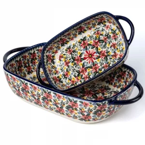 ONECCI Baking Dish Ceramic Baking Pan Blue Casserole Dish Rectangular Baking Set 2pcs Bakeware Sets Lasagna Pan Baking Dishes for oven (Exotic Daisy)