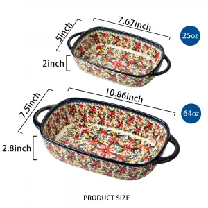 ONECCI Baking Dish Ceramic Baking Pan Blue Casserole Dish Rectangular Baking Set 2pcs Bakeware Sets Lasagna Pan Baking Dishes for oven (Exotic Daisy)