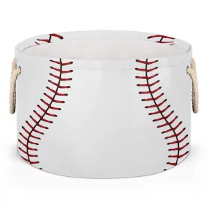 Baseball Lace Large Round Storage Basket Collapsible Circle Storage Bin Laundry Hamper With Handle for Kids Toy Blanket Dirty Clothes Towel Living Ro