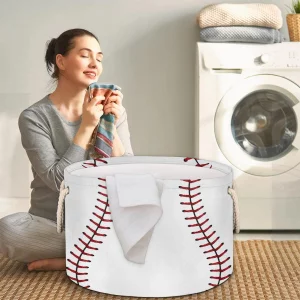 Baseball Lace Large Round Storage Basket Collapsible Circle Storage Bin Laundry Hamper With Handle for Kids Toy Blanket Dirty Clothes Towel Living Ro