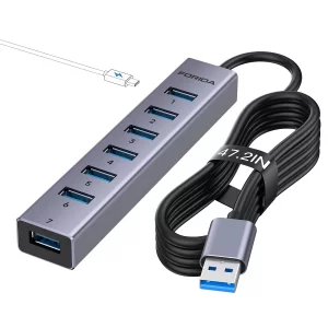 FORIDA Aluminum Alloy 8 Port USB Hub Long Cable USB Splitter with 7-USB3.0 Data Ports and TypeC 5V/3A Power Port Compatible with MacBook, Laptop,Surf