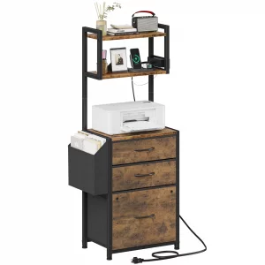 HIGDBFE Small 3 Drawer File Cabinet with Charging Station, 45''H, 3-Tier Filing Cabinet for Home Office, 11''*16'' for Small Printer, Fabric Drawer F