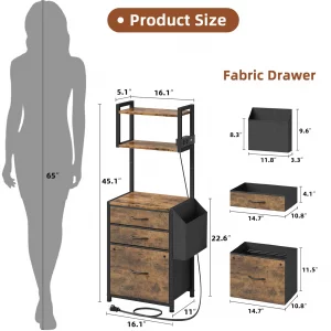 HIGDBFE Small 3 Drawer File Cabinet with Charging Station, 45''H, 3-Tier Filing Cabinet for Home Office, 11''*16'' for Small Printer, Fabric Drawer F