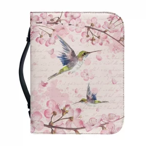 ZIATUBLES Hummingbird Floral Pink Print Bible Cover With Handle and Zipper for Women Men - PU Leather Case Tote Bag for Study Supplies, XL