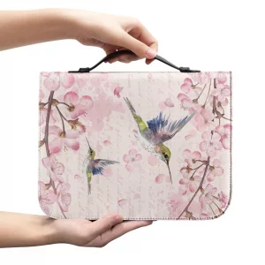ZIATUBLES Hummingbird Floral Pink Print Bible Cover With Handle and Zipper for Women Men - PU Leather Case Tote Bag for Study Supplies, XL