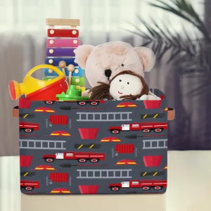 FZDXZJJ Fire Trucks Large Rectangle Storage Basket Fire Car Storage Bin Collapsible Canvas With Handles For Toy Blanket Clothes Towel Living Room Nur