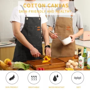 Tosewever Canvas Cross Back Chef Apron for Men Women with Adjustable Straps Large Pockets, Waterdrop Kitchen Heavy Duty Cotton Aprons for Tool Cookin