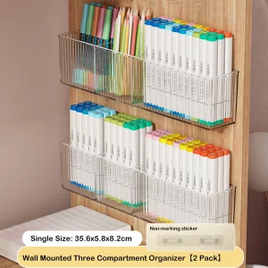BlayaAdd 2 Pack Wall Mounted Marker Holder, 3 Compartments Clear Pen Holder Organizer, No Drill Wall Pencil Storage Rack Office Accessories Organizer