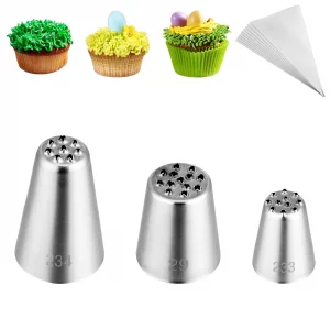 Kasmoire 3Pcs Grass Icing Nozzles Set,Stainless Steel Grass Piping Tip with 10Pcs Disposable Piping Bags,Cake Decorating Tips For Baking Decorating