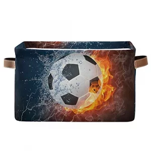 AUUXVA SEULIFE Football Soccer in Fire Water Foldable Storage Basket, Large Collapsible Organizer Storage Bin Cube Toys Storage Boxes with Handles fo