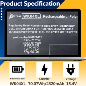 WK04XL 70.07Wh Battery Replacement for HP Victus 16-E 16-D 16-E0194NW 16-E0029UR 16-E0005UA 16-D0001UR 16-D0023DX OMEN 16-B 16-C 16-B1000NS 16-C0001N