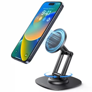 OMOTON 360Rotating Magnetic Phone Stand for Desk, Adjustable Foldable Aluminum for MagSafe Cell Phone Stand Holder with Non-Slip Base, for iPhone 17