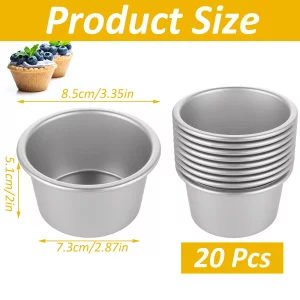 CYEAH 20 Pcs Individual Muffin Mold, 8.8 oz Aluminium Pudding Cup, Mini Round Cake Pans for Baking, Easy Release Nonstick Popover Pan Egg Tart Molds 