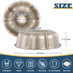 P&P CHEF 10 Inch Gold Non-stick Cake Pan, Carbon Steel Fluted Tube Pan for Baking Pound Cake, 10-Cup Large Capacity Round Bakeware, Healthy & Heavy D