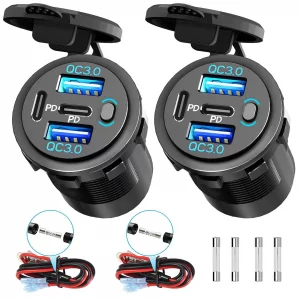 2 Pack Quad-Port 12V USB Outlet with Switch & LED - 78W Dual QC3.0 & Dual PD3.0 USB C Car Charger Socket for RV Motorcycle Marine Truck Golf Cart Boa