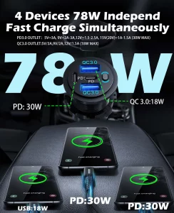 2 Pack Quad-Port 12V USB Outlet with Switch & LED - 78W Dual QC3.0 & Dual PD3.0 USB C Car Charger Socket for RV Motorcycle Marine Truck Golf Cart Boa