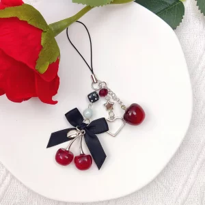 Nalefow Phone Charms Strap Cute Cherry CellPhone Straps Aesthetic Pink Red Black BlueCherry Phone Chain for Camera Keychain Bag Pendant Decor Gift (C