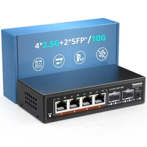 6 Port 2.5G Unmanaged Ethernet Switch, 4 x 2.5G Base-T Ports, 2 x 10G SFP, Compatible with 100/1000/2500Mbps, VLAN, Fanless, Desktop/Wall Mount YuanL