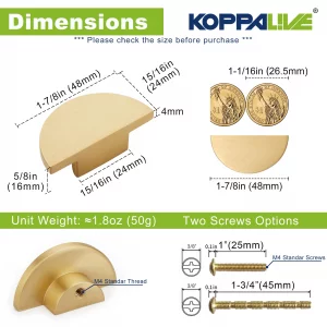 KOPPALIVE 5 Pack Solid Brass Dresser Drawer Pulls,Semicircle Kitchen Cabinet Knobs and Handles, Gold Knobs for Cabinet and Drawer, Modern Copper Furn