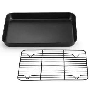 P&P CHEF Baking Oven Sheet Pan with Rack for Cookie, Nonstick Oven Tray and Cooling Rack for Baking & Roasting, Easy Clean, Black, 10.4 x 8 Inch