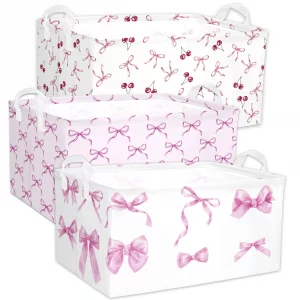 3 Pcs Pink Bow Storage Basket, Coquette Girls Rectangle Storage Bins Box with Handles, Bows and Chery Shelf Basket Ideal for Room Nursery Decor, Book