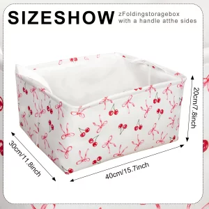 3 Pcs Pink Bow Storage Basket, Coquette Girls Rectangle Storage Bins Box with Handles, Bows and Chery Shelf Basket Ideal for Room Nursery Decor, Book