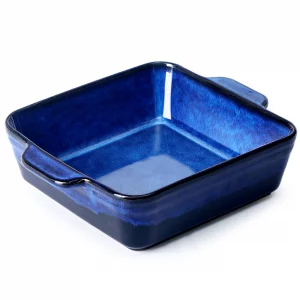 NUTRIUPS 8.2 x 8.2 inch Deep Square Ceramic Baking Pan with Double Handles - Oven Safe, 2 QT Porcelain Brownie Pan, Stoneware Baking Dish (Dark Blue)