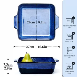 NUTRIUPS 8.2 x 8.2 inch Deep Square Ceramic Baking Pan with Double Handles - Oven Safe, 2 QT Porcelain Brownie Pan, Stoneware Baking Dish (Dark Blue)
