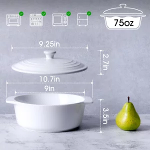 NUTRIUPS Classic White 2.3-Quart Ceramic Oval Casserole with Lid, Stoneware Baking Dish, Microwave, Dishwasher, Oven, Freezer and Fridge Safe