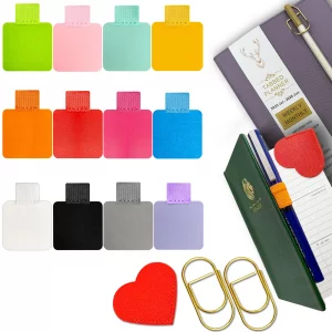 Pen Loop Holder for Notebook 12 Colors Self-Adhesive Stick On Pen Holder with Extra 2 Pens Clips 1 Leather Bookmarks As COMBO for Planner Journal Tab