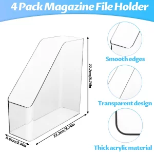 4Pcs Clear Acrylic Magazine File Holder, Plastic Vertical File Folder Storage Magazine Rack Bin, Acrylic Magazine Holder, Desk Document Sorter Organi