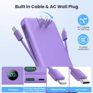 Portable Charger 13800mAh Slim USB C Power Bank with Built in Cables and Wall Plug,LCD Display Lightweight Travel Battery Pack,PD Fast Charging Compa