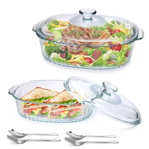 2 Pack Glass Casserole Baking Dishes with Lids for Oven,1.9 Qt and 3 Qt Ribbed Oval Glass Serving Dishes Bakeware Set for Lasagna,Casseroles,Leftover
