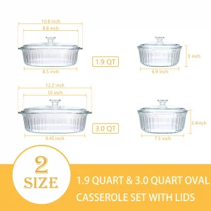 2 Pack Glass Casserole Baking Dishes with Lids for Oven,1.9 Qt and 3 Qt Ribbed Oval Glass Serving Dishes Bakeware Set for Lasagna,Casseroles,Leftover