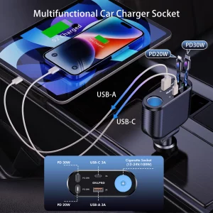 OHLPRO Retractable Car Charger Cigarette Lighter Adapter, 168W 5 in 1 Fast Phone Charging Built-in Replaceable Fuse, Socket Splitter with USB C and U