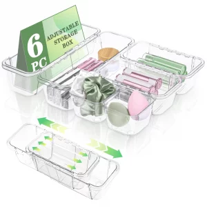 Hiitytin 6 Pcs Clear Drawer Organizer, Adjustable Storage Bins (2 Sizes), Desk and Dresser Organizers for Makeup, Cosmetics, Kitchen Utensils, Bedroo