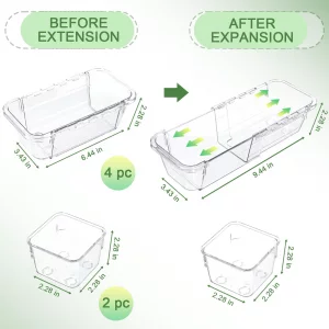 Hiitytin 6 Pcs Clear Drawer Organizer, Adjustable Storage Bins (2 Sizes), Desk and Dresser Organizers for Makeup, Cosmetics, Kitchen Utensils, Bedroo